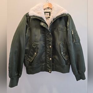 Green Bomber Jacket with White Faux Fur Collar